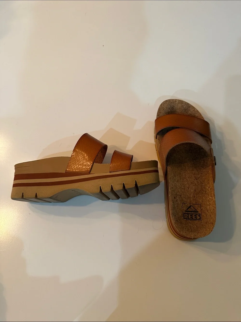 Reef Tan Leather Dual-Strap Cork Slide Sandals - Picture 2 of 4